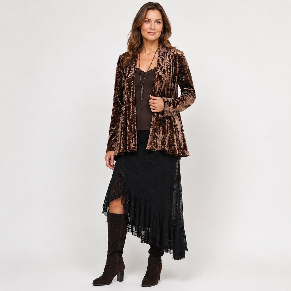 Vintage Connected Crushed Velvet Open Jacket M Brown Cocktail Evening Swing